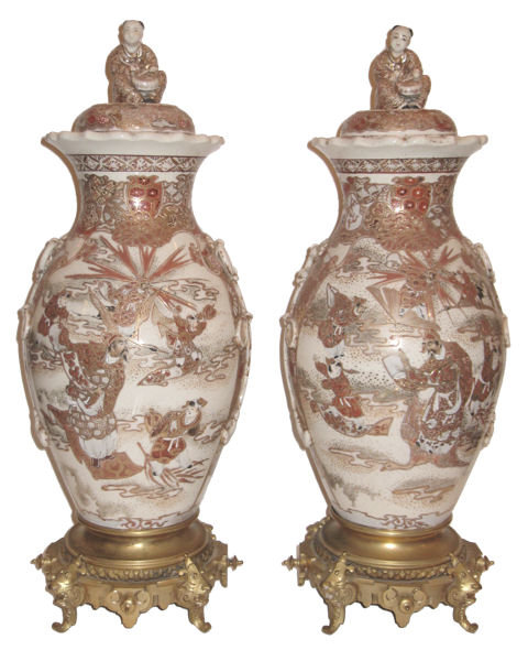 Pair of Japanese Bronze Mounted Earthenware Satsuma Vases