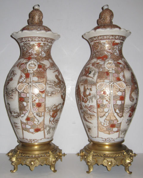 Pair of Japanese Bronze Mounted Earthenware Satsuma Vases