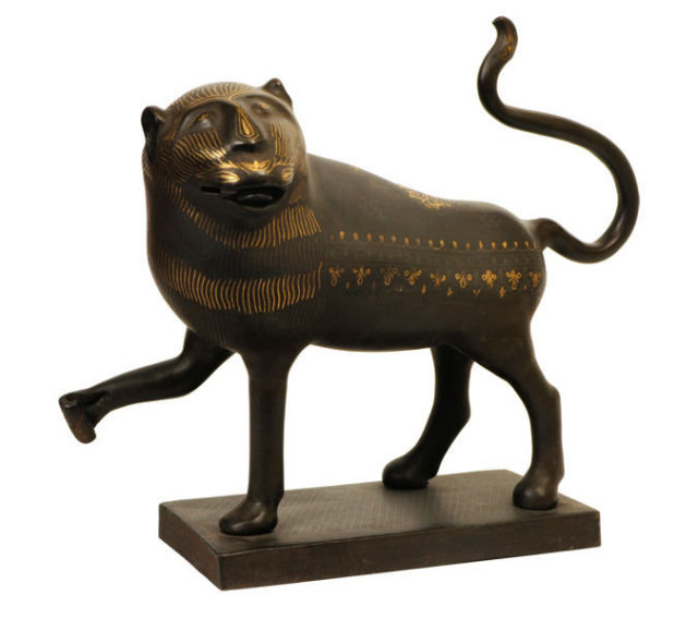 Antique Islamic Qajar Period Persian Gold & Silver Inlaid Steel Lion Figurine