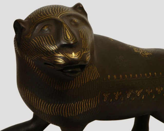 Antique Islamic Qajar Period Persian Gold & Silver Inlaid Steel Lion Figurine