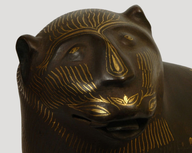 Antique Islamic Qajar Period Persian Gold & Silver Inlaid Steel Lion Figurine