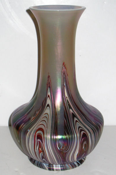 Iridescent Pulled Feather Glass Vase by Rindskopf