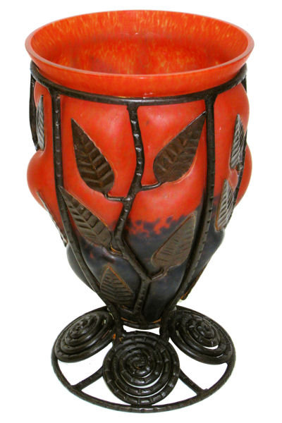 Art Deco Metal Mounted Red and Orange Glass Vase in Style of Louis Majorelle