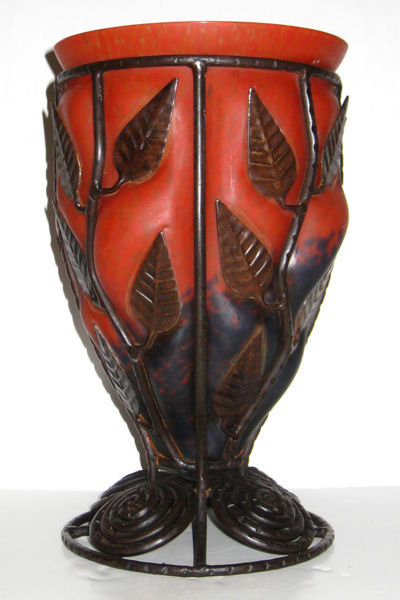 Art Deco Metal Mounted Red and Orange Glass Vase in Style of Louis Majorelle