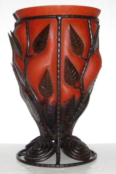 Art Deco Metal Mounted Red and Orange Glass Vase in Style of Louis Majorelle
