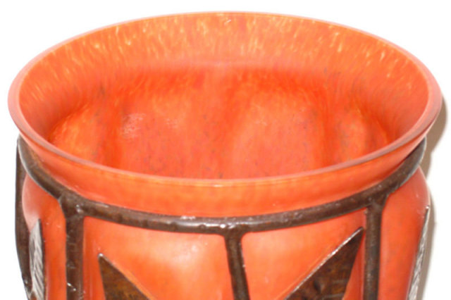 Art Deco Metal Mounted Red and Orange Glass Vase in Style of Louis Majorelle