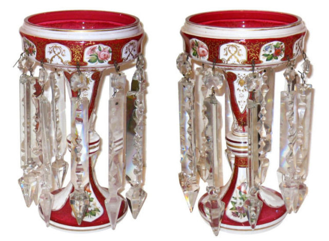 Pair of Antique Ruby Red Cased Glass Lusters ( Lustres ) Attributed to Moser