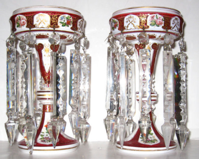 Pair of Antique Ruby Red Cased Glass Lusters ( Lustres ) Attributed to Moser