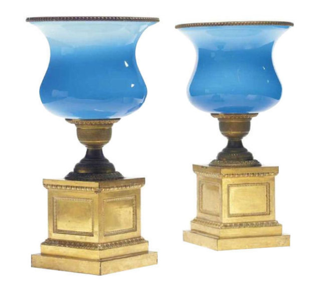 Pair Antique Russian Ormolu Mounted Opaline Vases
