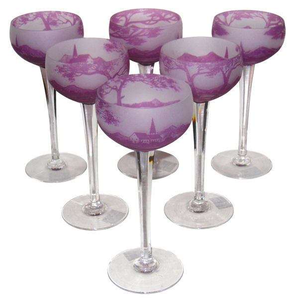 Set of 6 Richard Brand Etched Cameo Glass Wine Glasses by Loetz