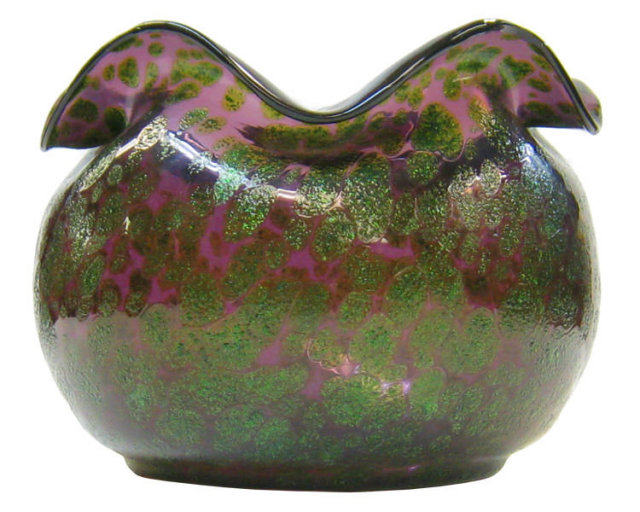 Art Nouveau Violet & Pebbled Green Oil Spot Glass Vase Attributed to Kralik