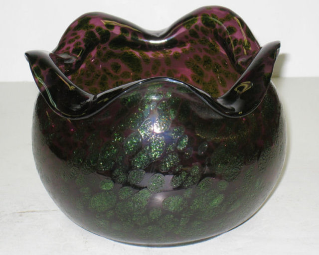 Art Nouveau Violet & Pebbled Green Oil Spot Glass Vase Attributed to Kralik