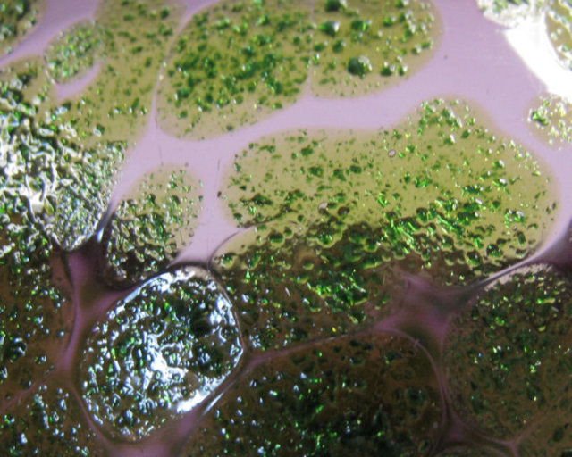 Art Nouveau Violet & Pebbled Green Oil Spot Glass Vase Attributed to Kralik