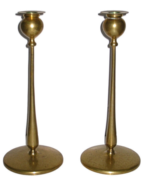 Pair Antique Arts & Crafts Brass Candlesticks In Manner of Robert Jarvie
