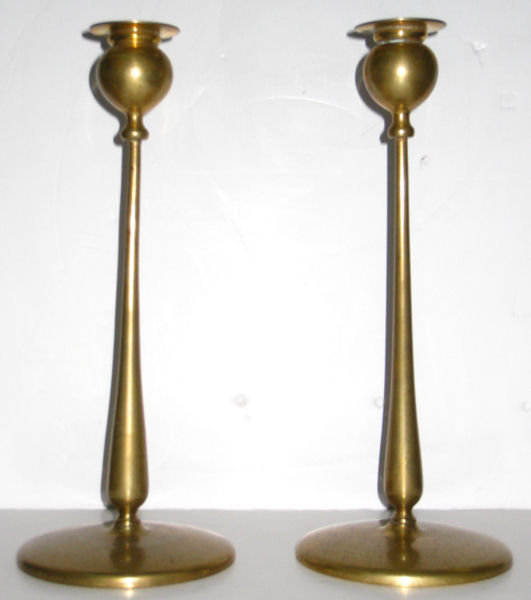 Pair Antique Arts & Crafts Brass Candlesticks In Manner of Robert Jarvie