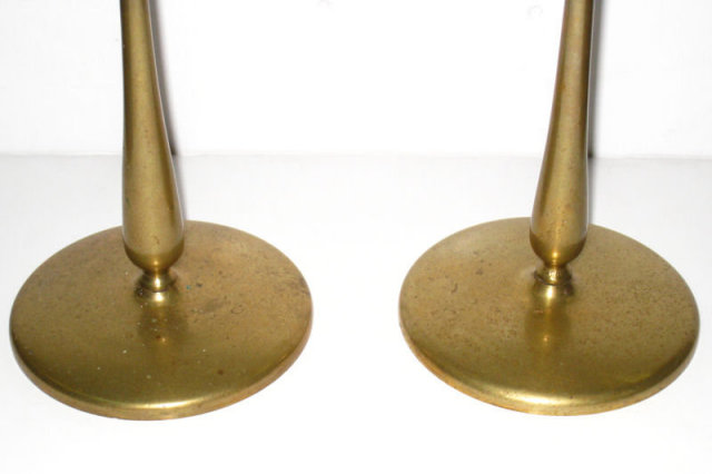 Pair Antique Arts & Crafts Brass Candlesticks In Manner of Robert Jarvie
