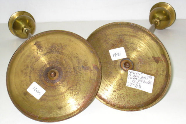 Pair Antique Arts & Crafts Brass Candlesticks In Manner of Robert Jarvie