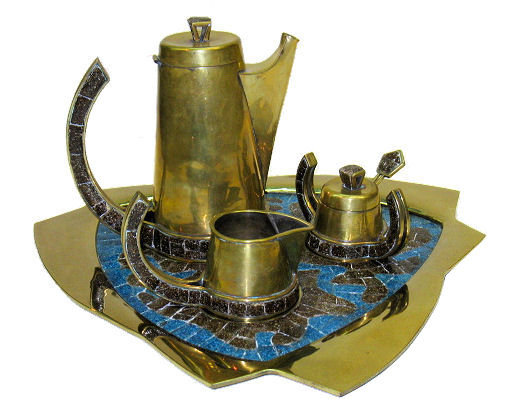 Salvador Teran Brass & Mosaic Tile Tea Coffee Set