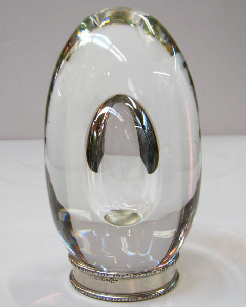 Steuben Crystal Glass Egg Sculpture with Sterling Silver Pedestal and Original Gift Box