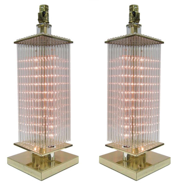 Pair of Mid-Century Brass Table Lamps with Lighted Glass Rods