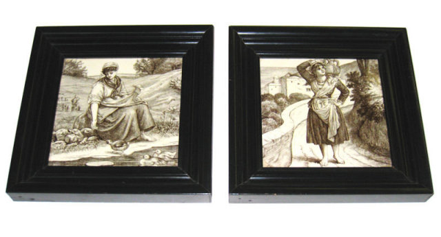 Pair of Antique Framed Figural Grisaille Tiles by Minton