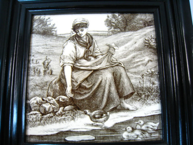 Pair of Antique Framed Figural Grisaille Tiles by Minton