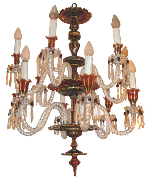 Antique Bohemian Gilded Ruby Red Glass Chandelier