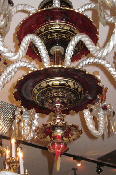 Antique Bohemian Gilded Ruby Red Glass Chandelier