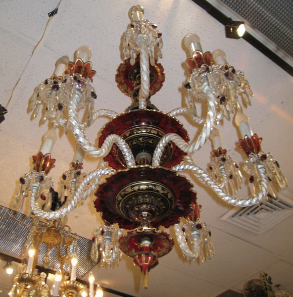 Antique Bohemian Gilded Ruby Red Glass Chandelier