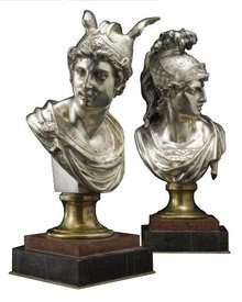 Pair Gilt and Silvered Bronze Busts of Gods Hermes and Ares