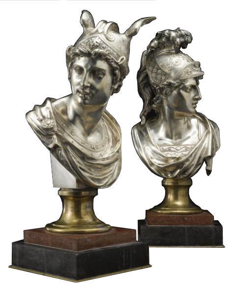 Pair Gilt and Silvered Bronze Busts of Gods Hermes and Ares