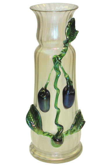 Bohemian Glass Vase with Applied Grapes by Kralik