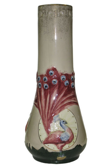 Art Nouveau Faience Vase with Peacock by Céramique de Saint-Amand-les-Eaux