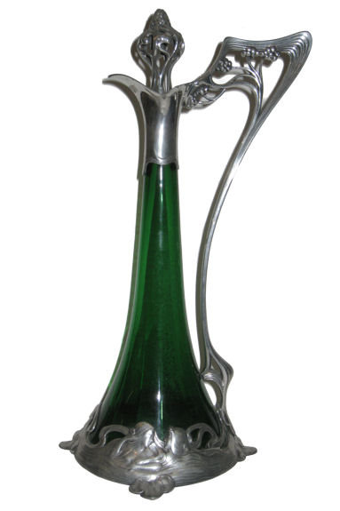 Pair of WMF Art Nouveau Silvered Metal Green Glass Claret Jugs