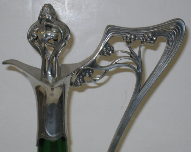 Pair of WMF Art Nouveau Silvered Metal Green Glass Claret Jugs