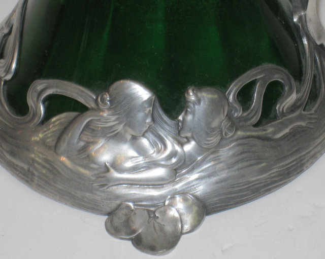 Pair of WMF Art Nouveau Silvered Metal Green Glass Claret Jugs