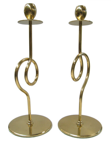 Pair of Mid-Century Modern Polished Brass Candlesticks