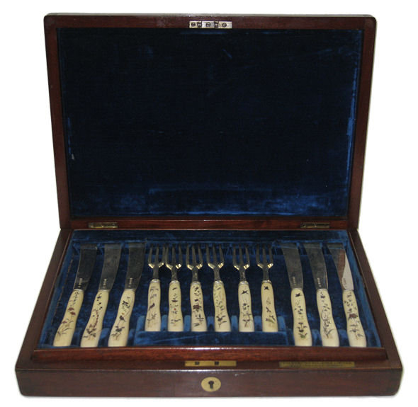 Antique English Silver & Ivory Fish Flatware Set