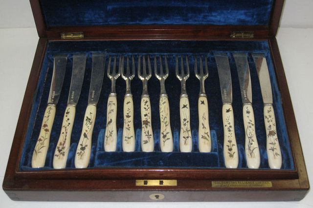 Antique English Silver & Ivory Fish Flatware Set