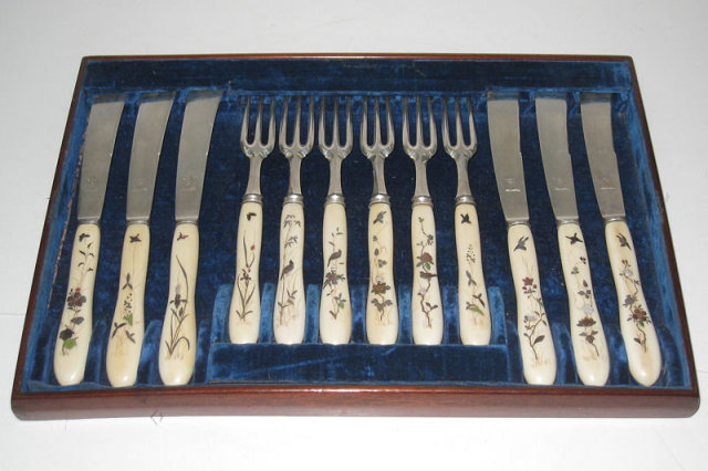 Antique English Silver & Ivory Fish Flatware Set