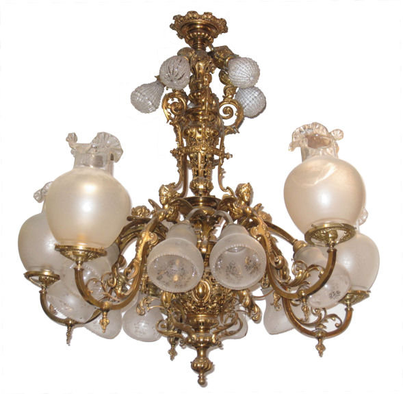 Electrified Neoclassical Victorian Gilt Metal Gas Chandelier