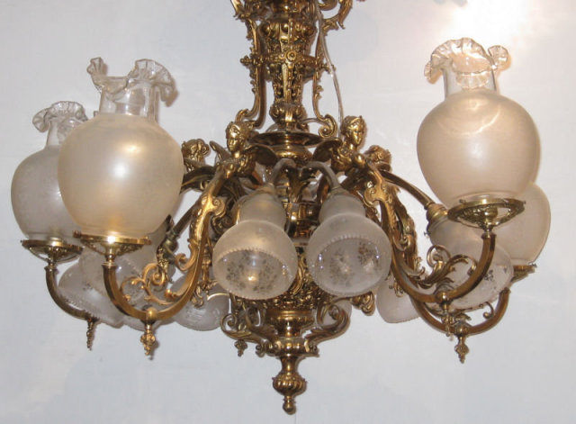 Electrified Neoclassical Victorian Gilt Metal Gas Chandelier