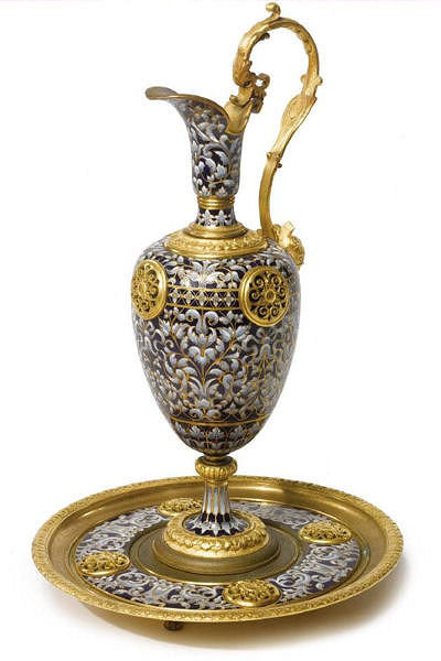 Antique French Champleve Enamel and Gilt Bronze Ewer and Stand