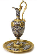 Antique French Champleve Enamel and Gilt Bronze Ewer and Stand