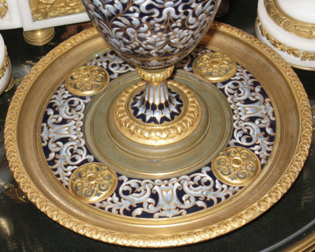 Antique French Champleve Enamel and Gilt Bronze Ewer and Stand