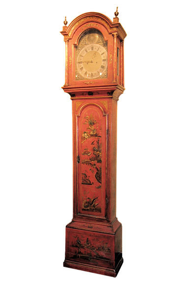English Georgian Vermilion Red Chinoiserie Grandfather Clock by William Jackson