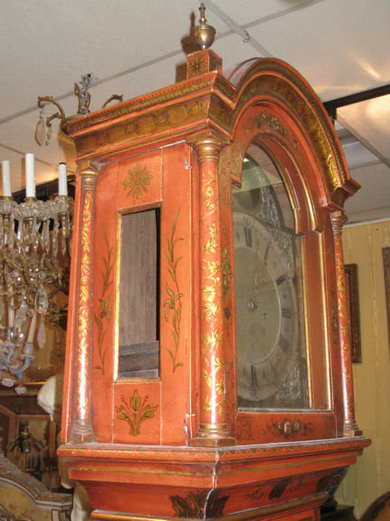 English Georgian Vermilion Red Chinoiserie Grandfather Clock by William Jackson