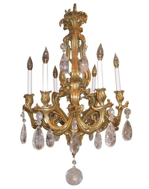 Antique Louis XV Style Ormolu Bronze Chandelier with Rock Crystal Pendants