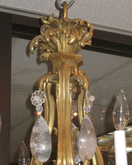 Antique Louis XV Style Ormolu Bronze Chandelier with Rock Crystal Pendants