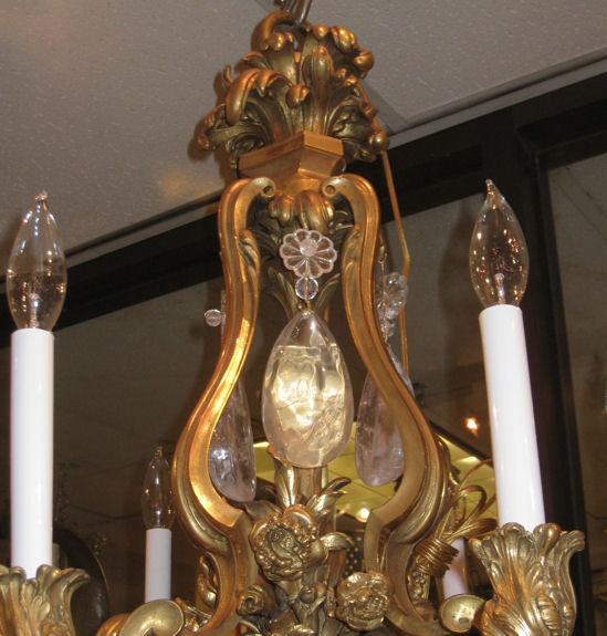 Antique Louis XV Style Ormolu Bronze Chandelier with Rock Crystal Pendants